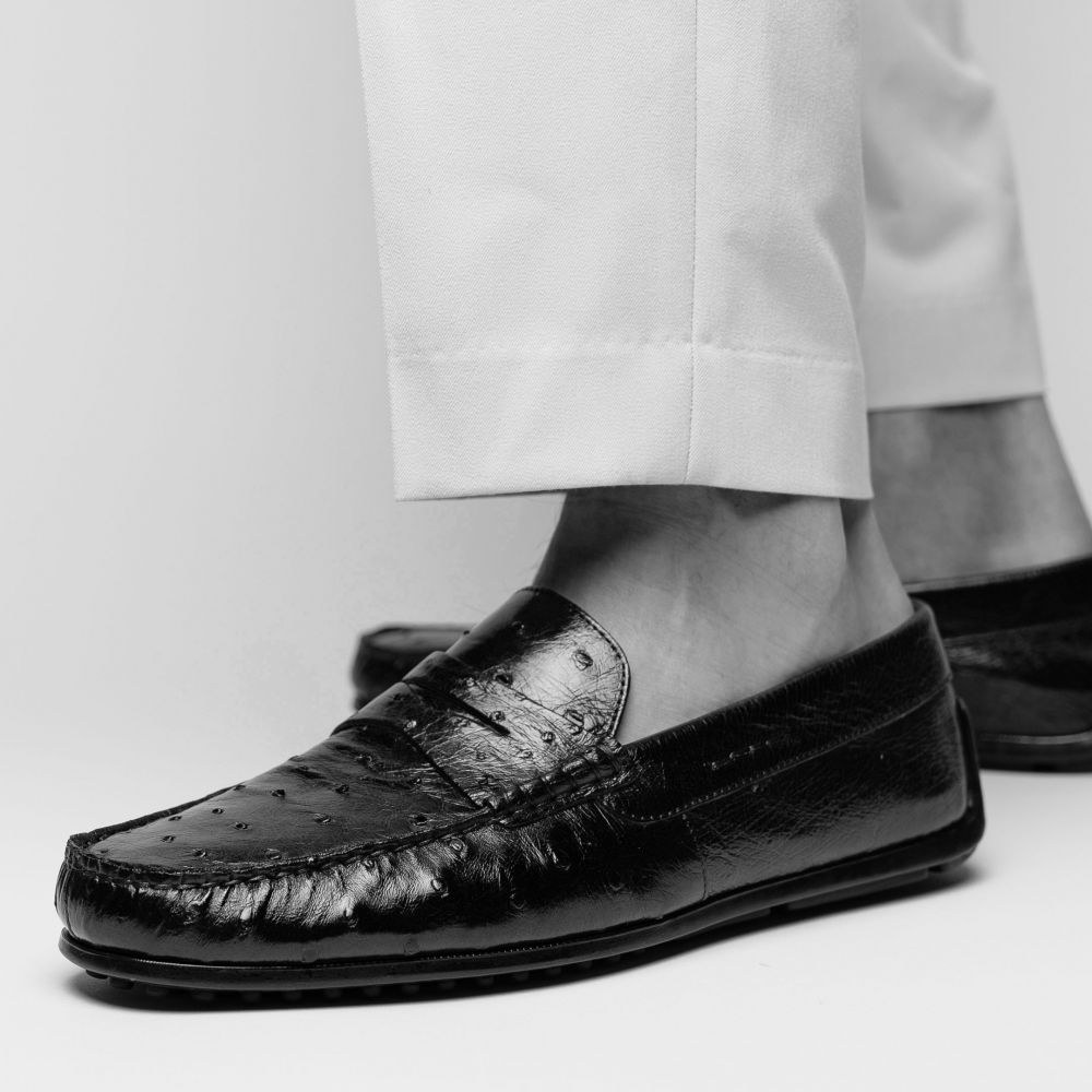 Zelli Monza Ostrich Quill Driving Loafers Black | MensDesignerShoe.com