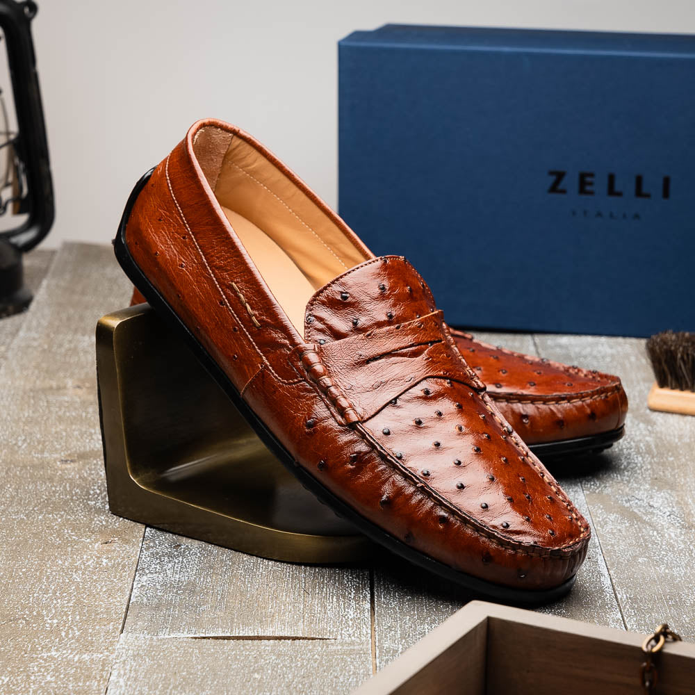Zelli Monza Ostrich Quill Driving Loafers Brandy