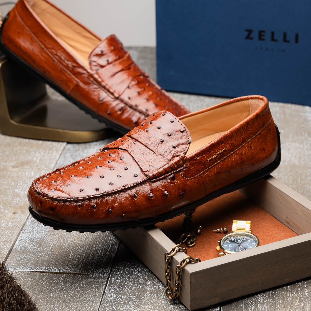 Zelli Monza Ostrich Quill Driving Loafers Brandy