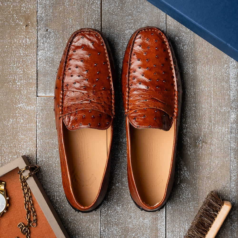 Zelli Monza Ostrich Quill Driving Loafers Brandy (33-100-BDY)