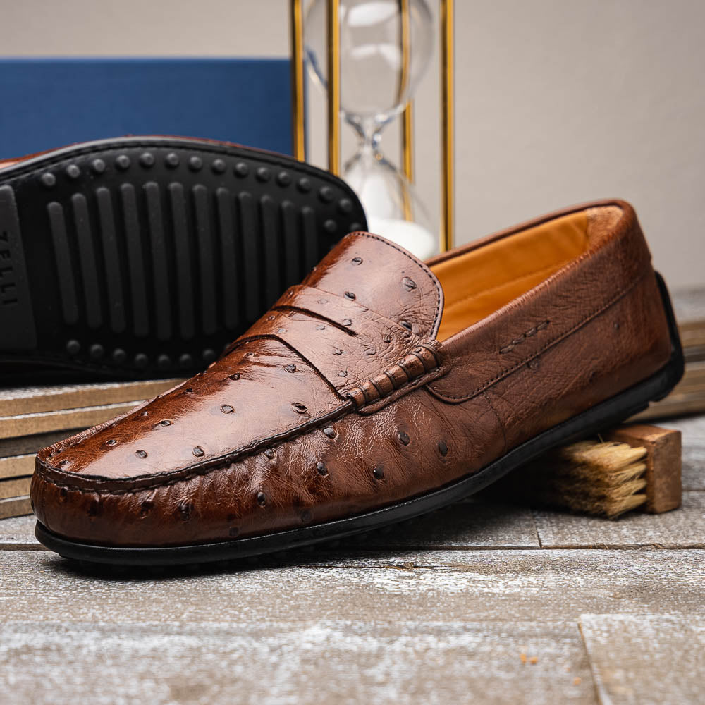 Zelli Monza Ostrich Quill Driving Loafers Brown | MensDesignerShoe.com
