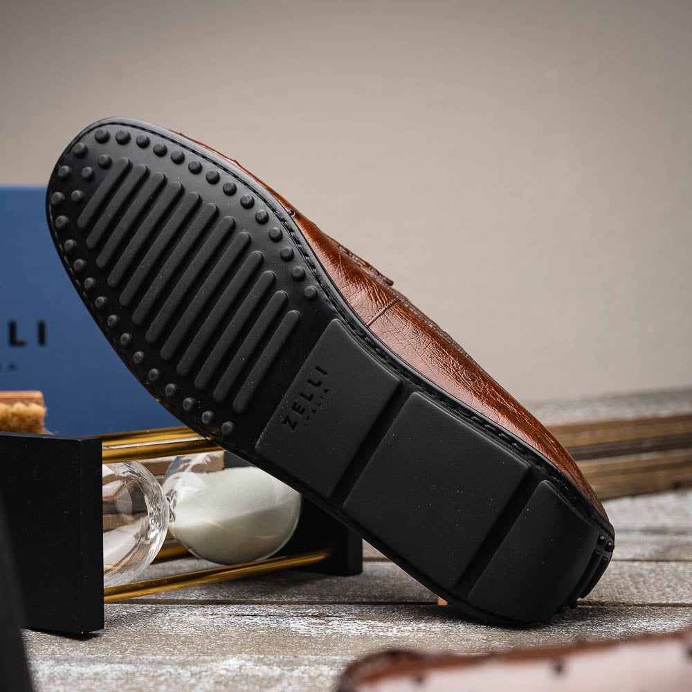 マロン Zelli Monza Ostrich Quill Driving Loafers Brown | MensDesignerShoe.com
