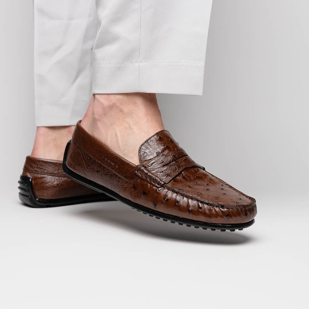 Zelli Monza Ostrich Quill Driving Loafers Brown | MensDesignerShoe.com