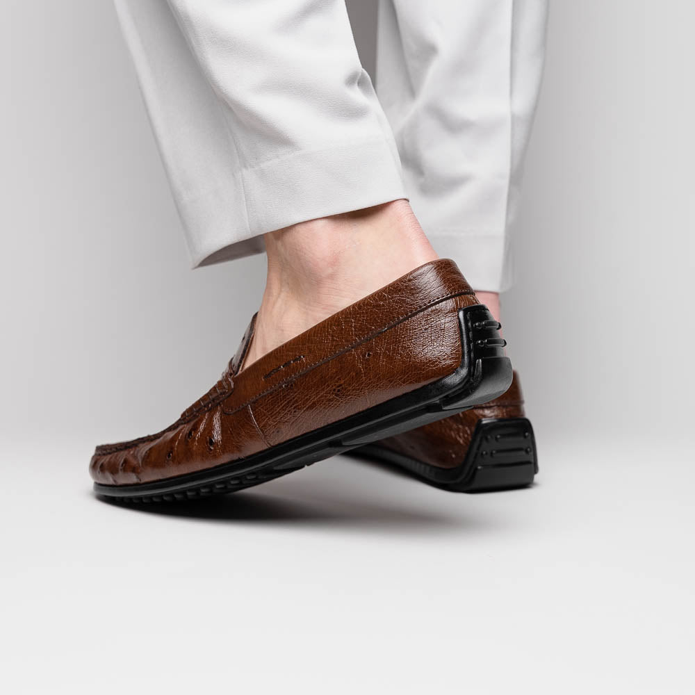 Zelli Monza Ostrich Quill Driving Loafers Brown | MensDesignerShoe.com
