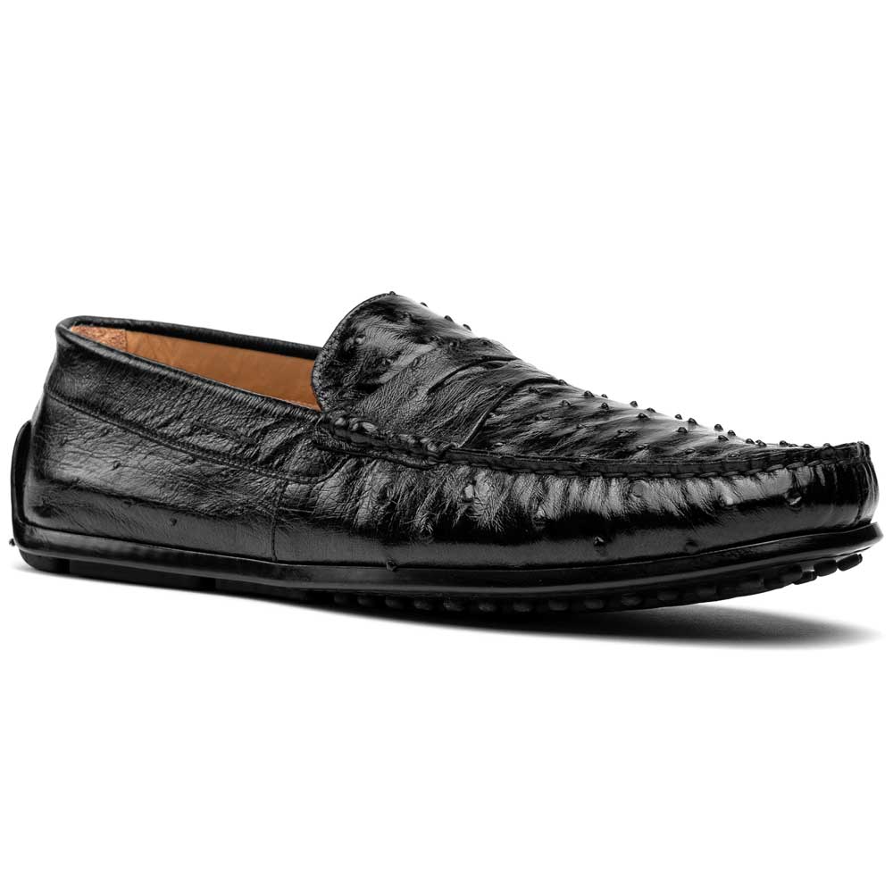 Zelli Monza Ostrich Quill Driving Loafers Black | MensDesignerShoe.com