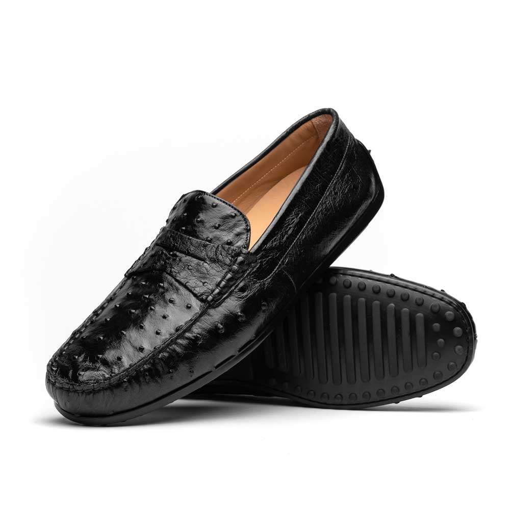 Zelli Monza Ostrich Quill Driving Loafers Black | MensDesignerShoe.com