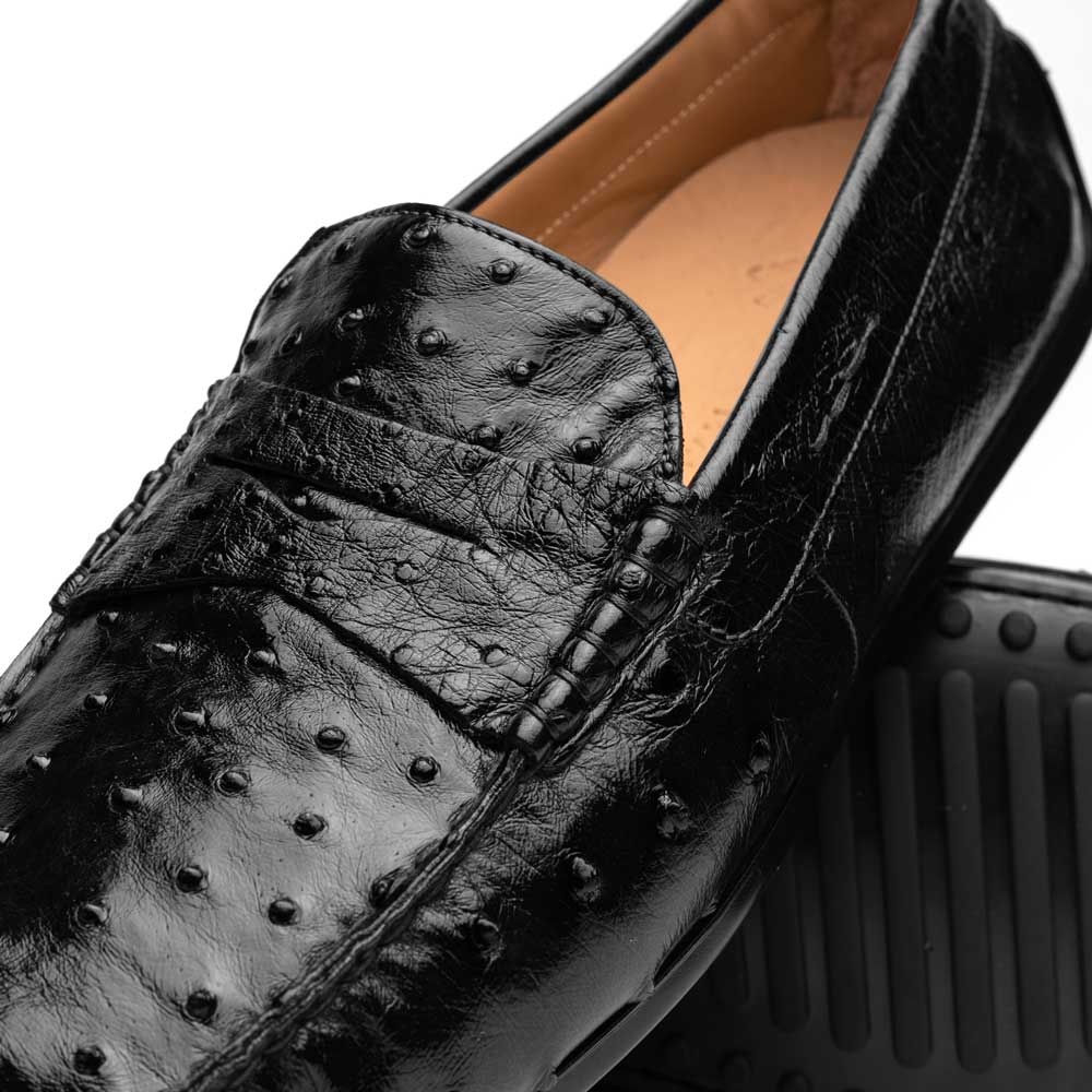 Zelli Monza Ostrich Quill Driving Loafers Black | MensDesignerShoe.com