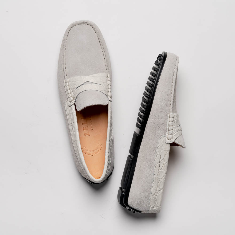 Zelli Monza Suede & Crocodile Driving Shoes White (31-160-WHT)