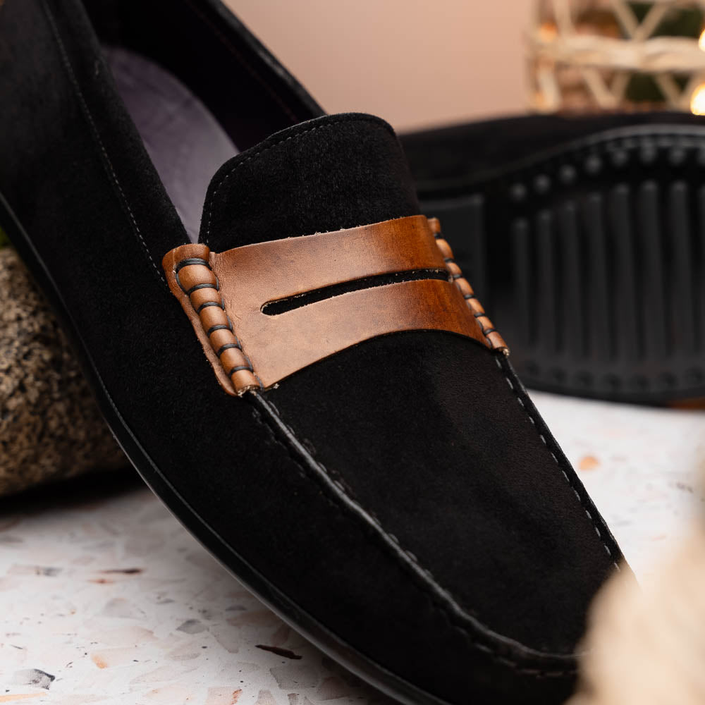 Zelli Monza Suede & Calfskin Driving Loafers Black / Chestnut (36-300-BLK)