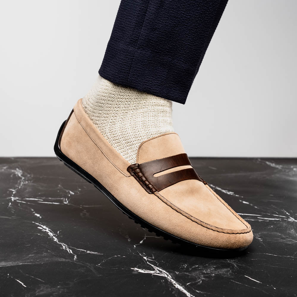Zelli Monza Suede & Calfskin Driving Loafers Bone / Chestnut (36-300-BLK)