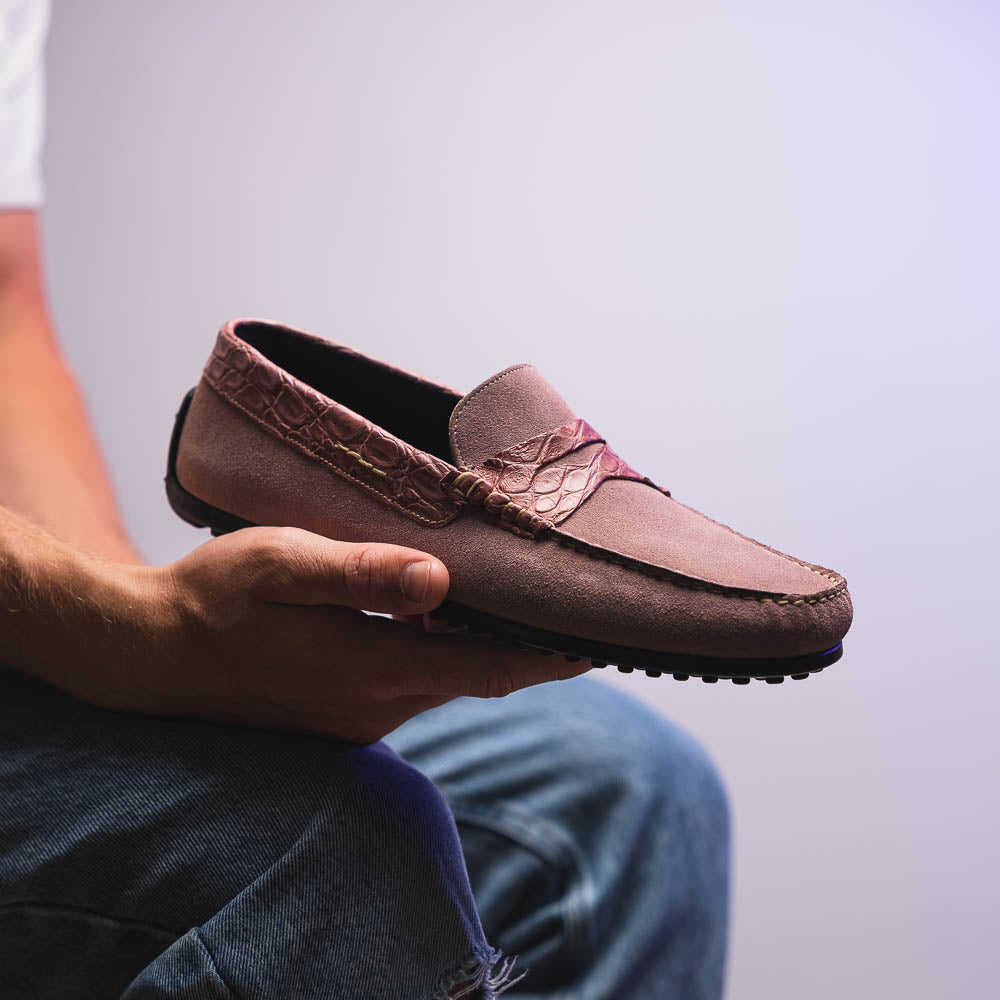 Zelli Monza Suede & Crocodile Driving Shoes Candy