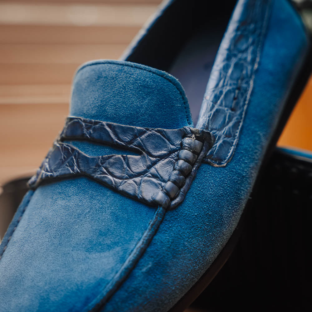 Zelli Monza Suede & Crocodile Driving Shoes Denim (31-160-DNM)