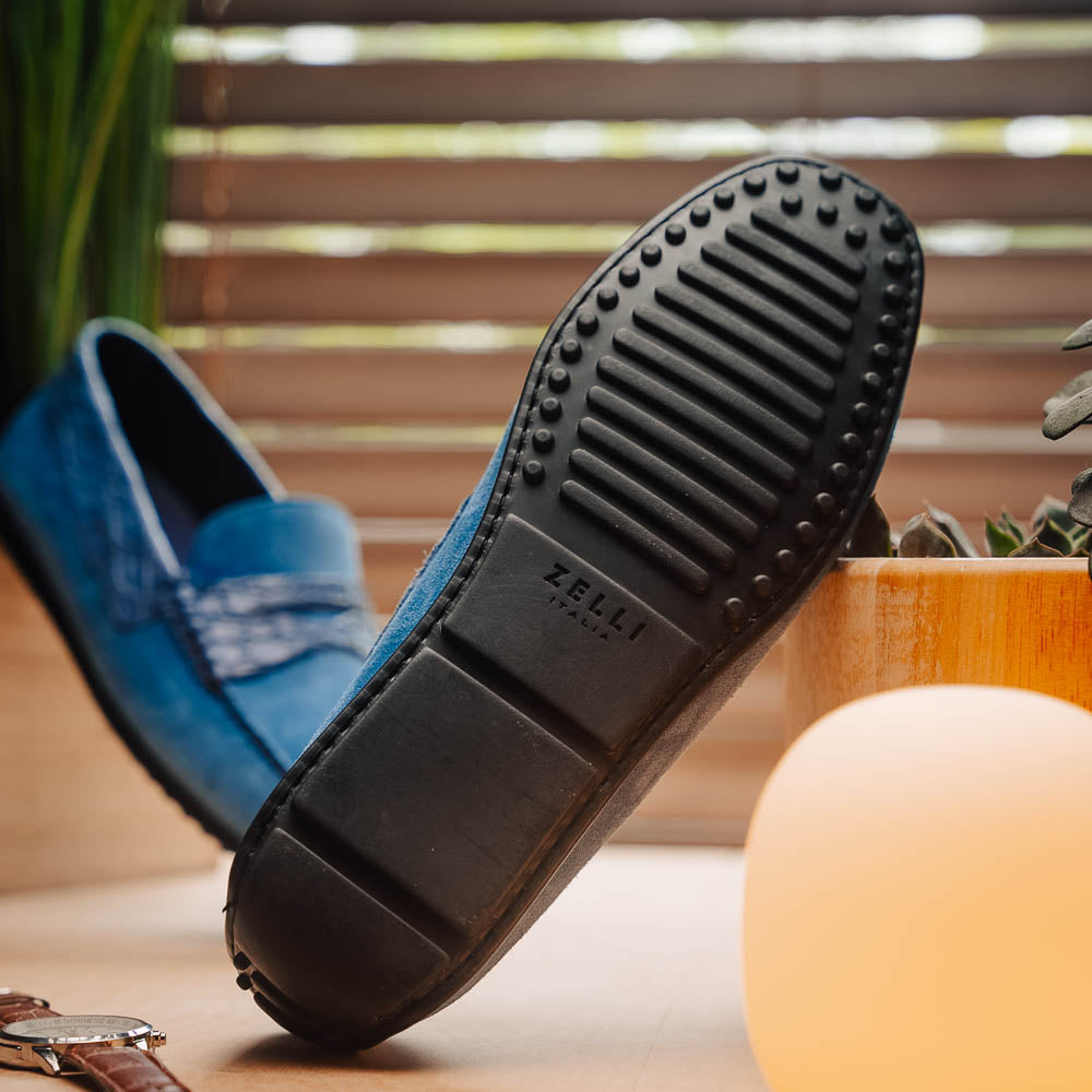 Zelli Monza Suede & Crocodile Driving Shoes Denim