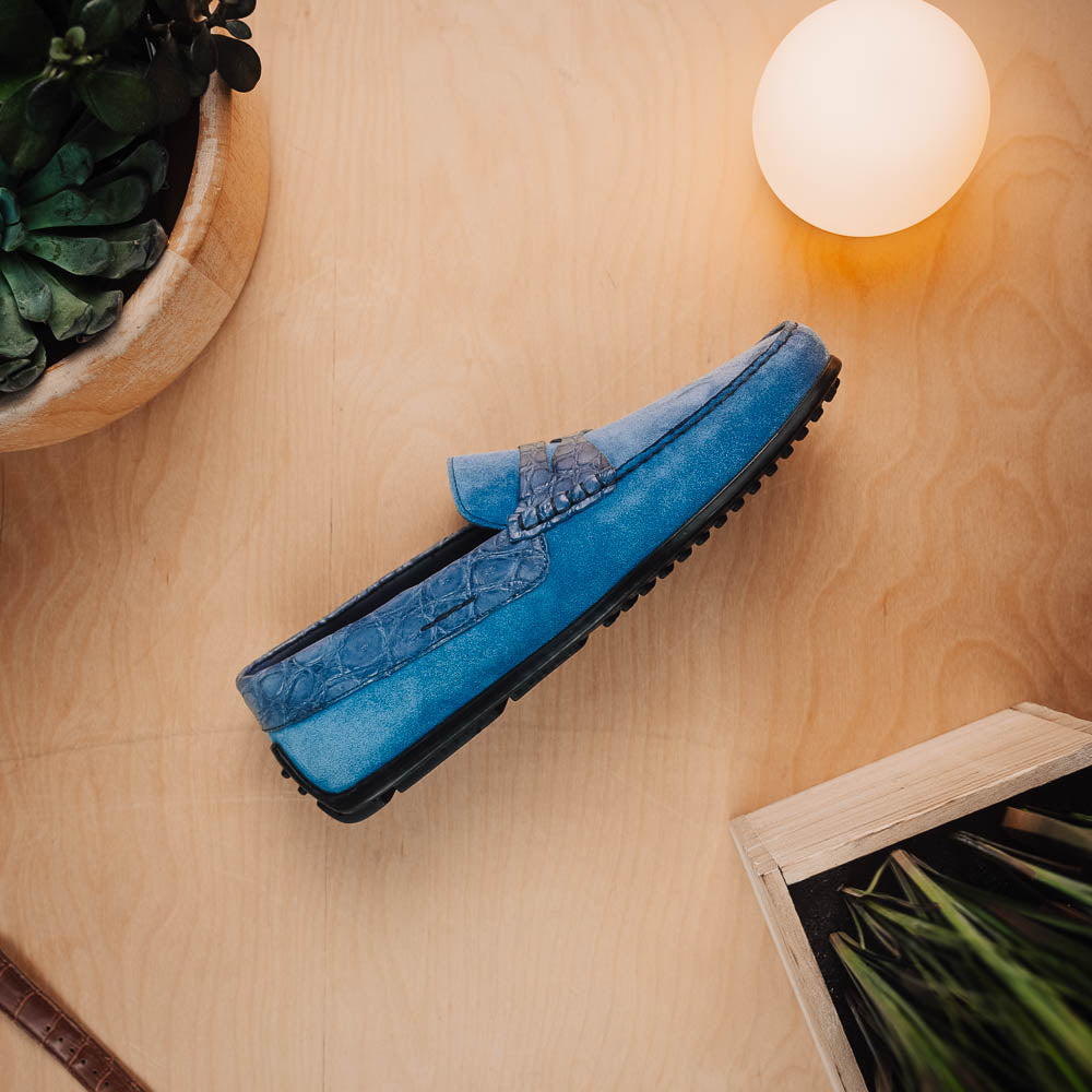 Zelli Monza Suede & Crocodile Driving Shoes Denim (31-160-DNM)
