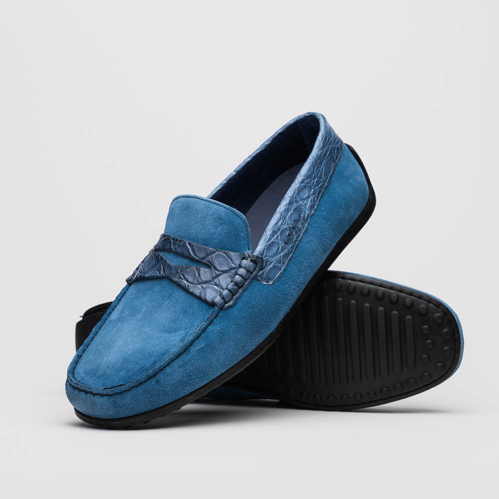 Zelli Monza Suede & Crocodile Driving Shoes Denim (31-160-DNM)