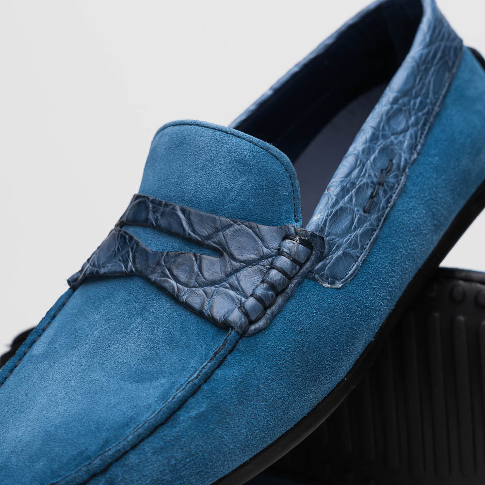 Zelli Monza Suede & Crocodile Driving Shoes Denim (31-160-DNM)