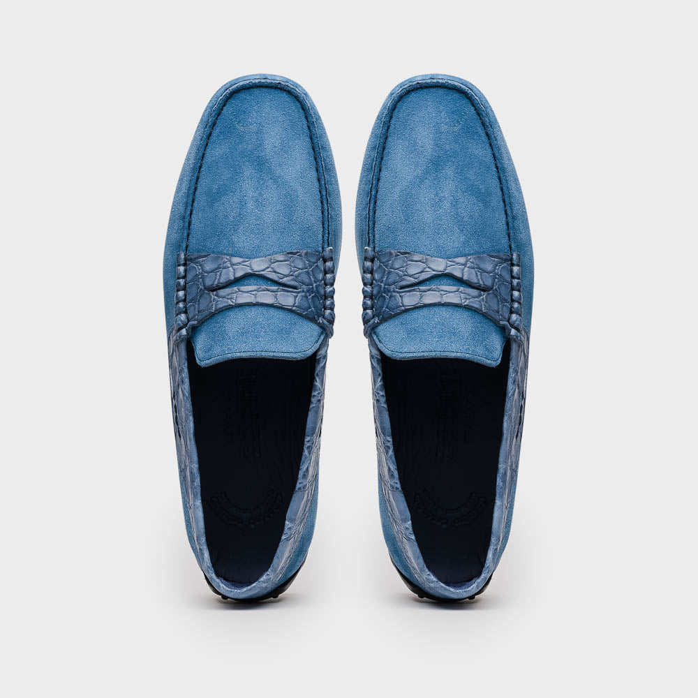 Zelli Monza Suede & Crocodile Driving Shoes Denim (31-160-DNM)