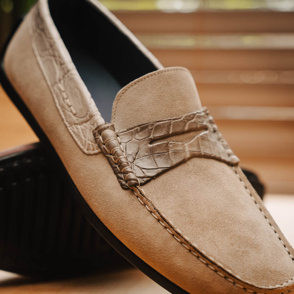 Zelli Monza Suede & Crocodile Driving Shoes Sand (MONZA-SUED-CROC)