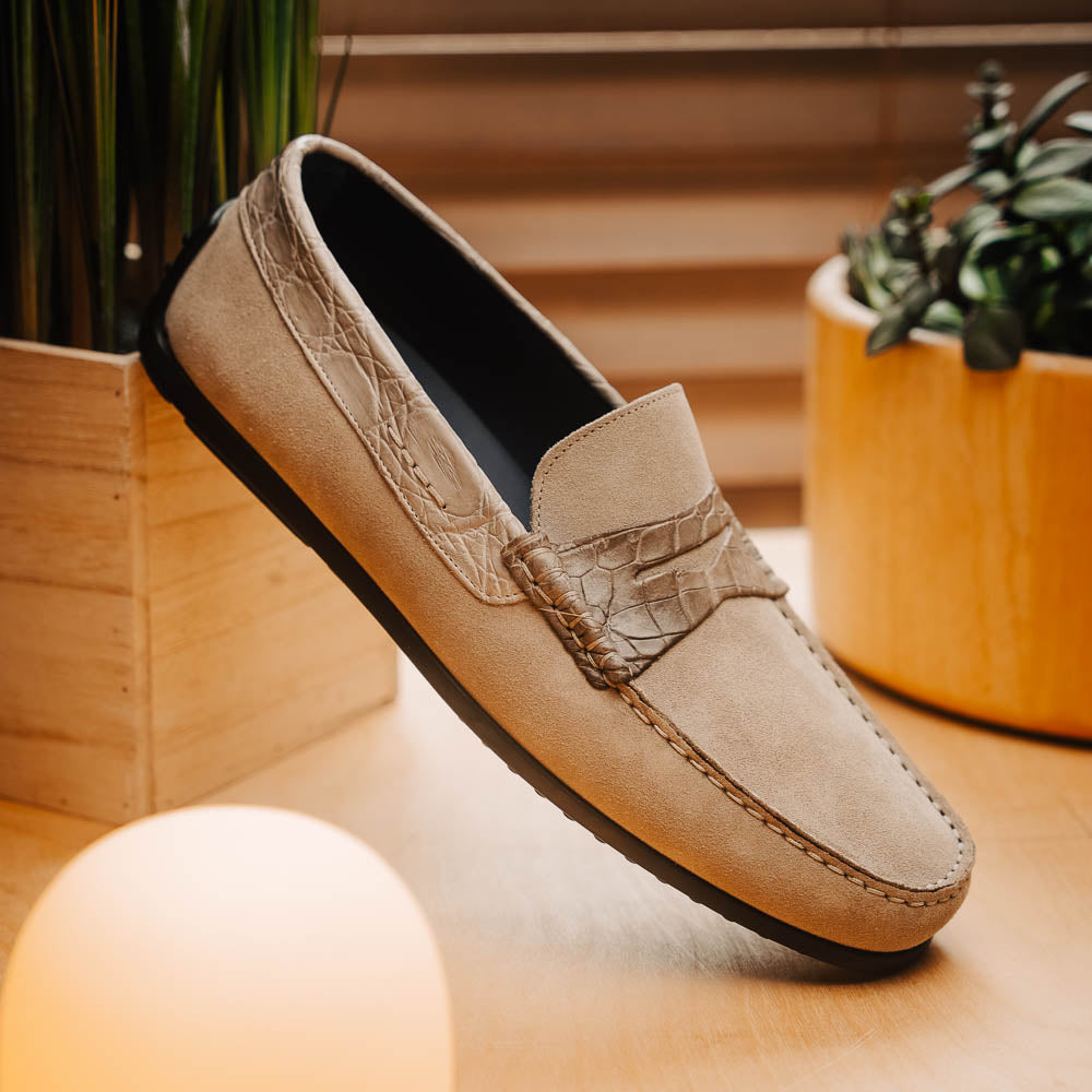 Zelli Monza Suede & Crocodile Driving Shoes Sand (MONZA-SUED-CROC)
