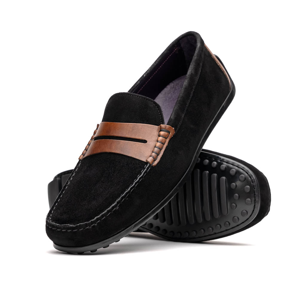 Zelli Monza Suede & Calfskin Driving Loafers Black / Chestnut (36-300-BLK)