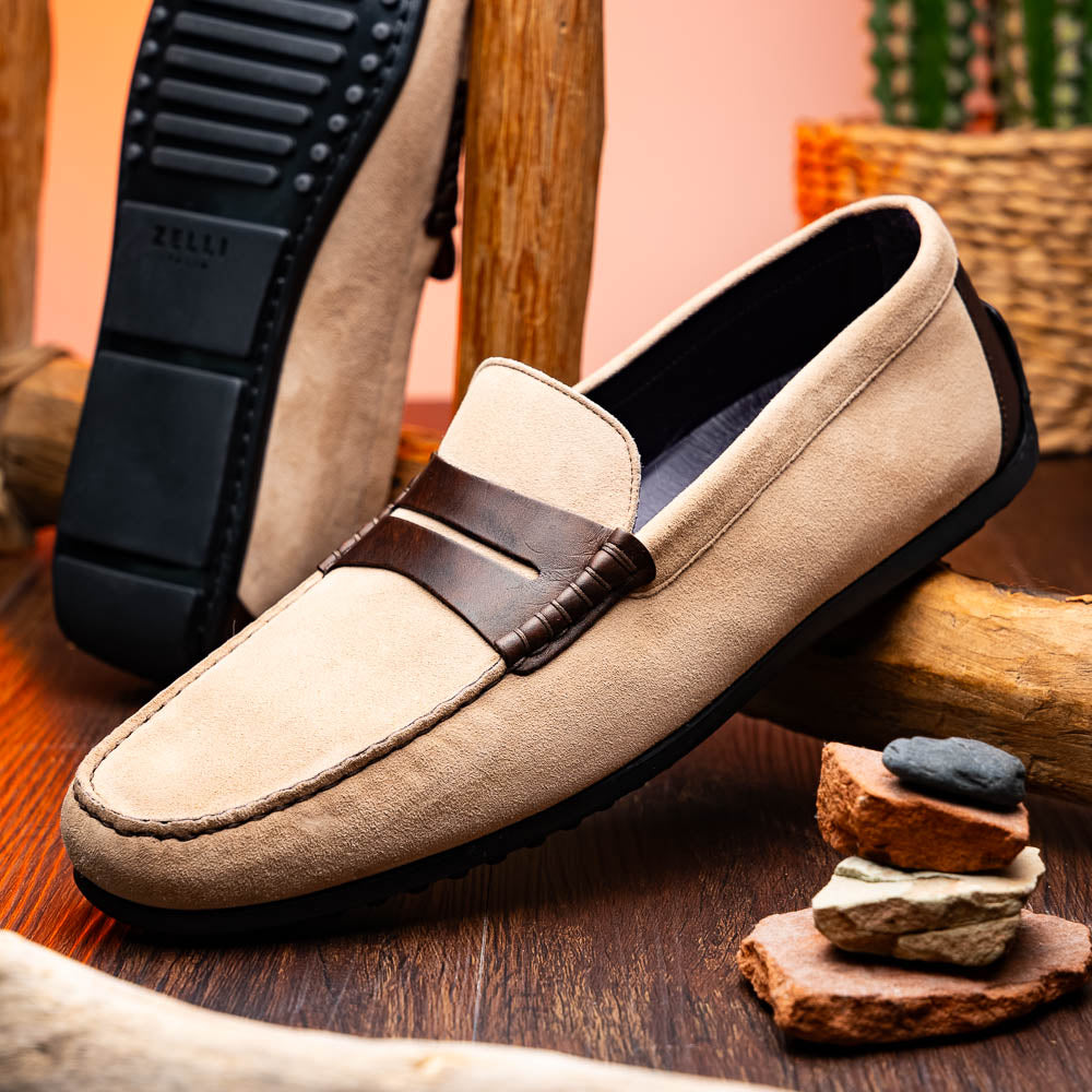 Zelli Monza Suede & Calfskin Driving Loafers Bone / Chestnut (36-300-BLK)
