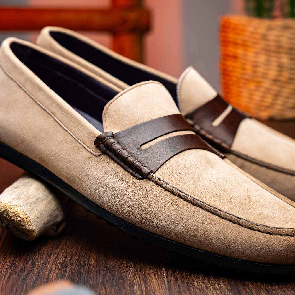 Zelli Monza Suede & Calfskin Driving Loafers Bone / Chestnut (36-300-BLK)