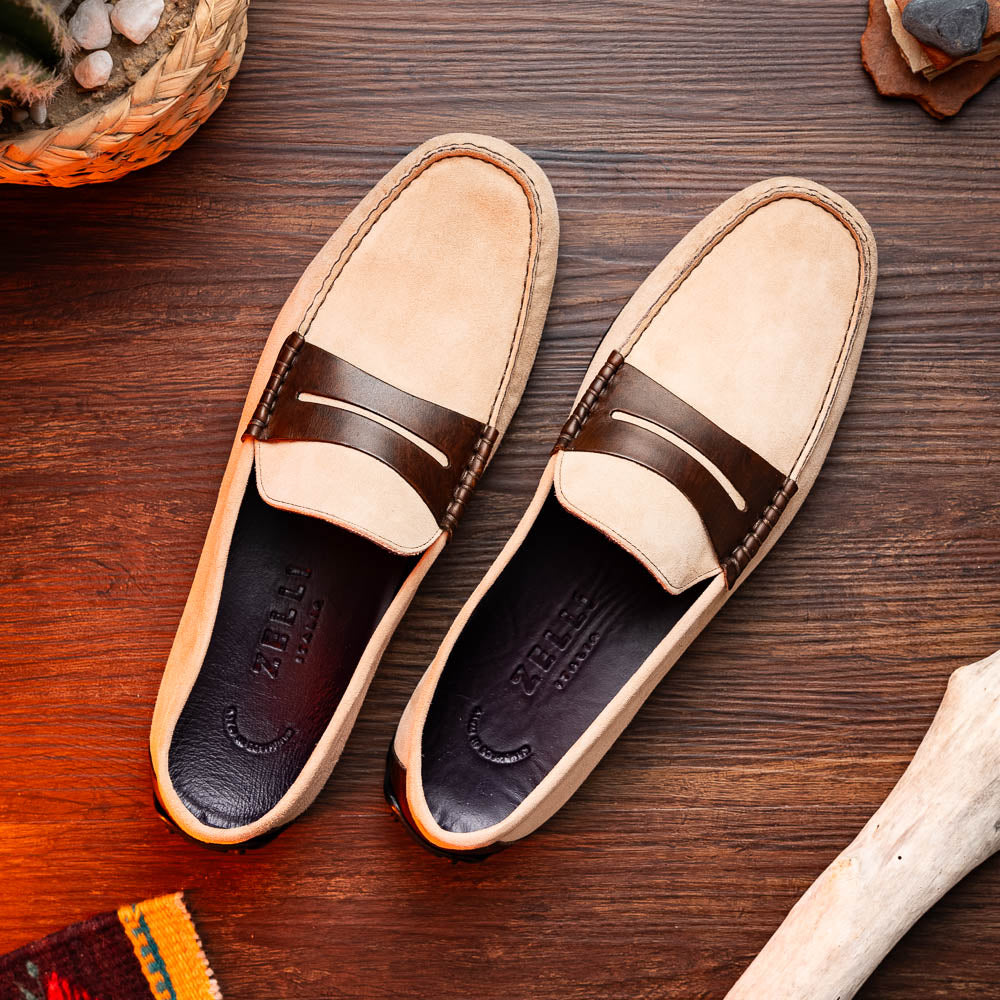 Zelli Monza Suede & Calfskin Driving Loafers Bone / Chestnut (36-300-BLK)