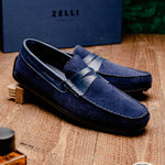 Zelli Monza Suede & Embossed Crocodile Driving Shoes Navy (31-161-NVY)