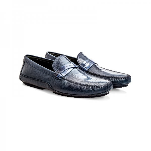 Moreschi 041960B Ostrich & Deerskin Driving Shoes Dark Blue (SPECIAL ORDER)