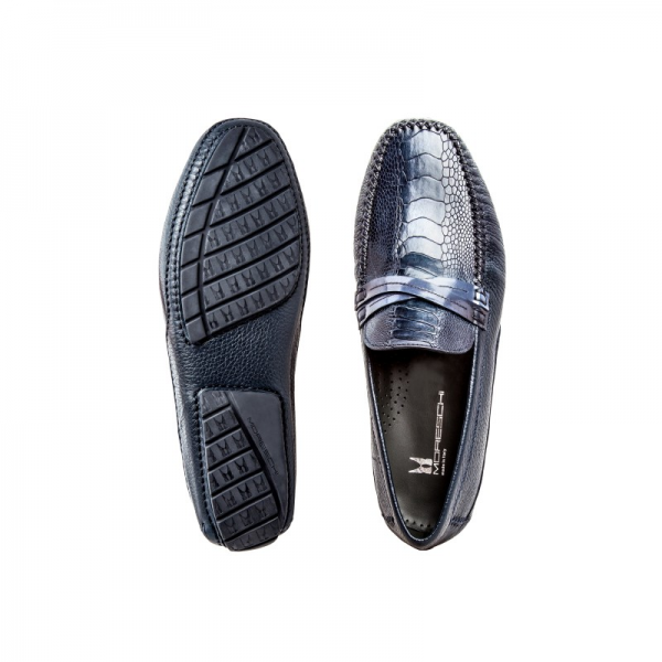 Moreschi 041960B Ostrich & Deerskin Driving Shoes Dark Blue (SPECIAL ORDER)