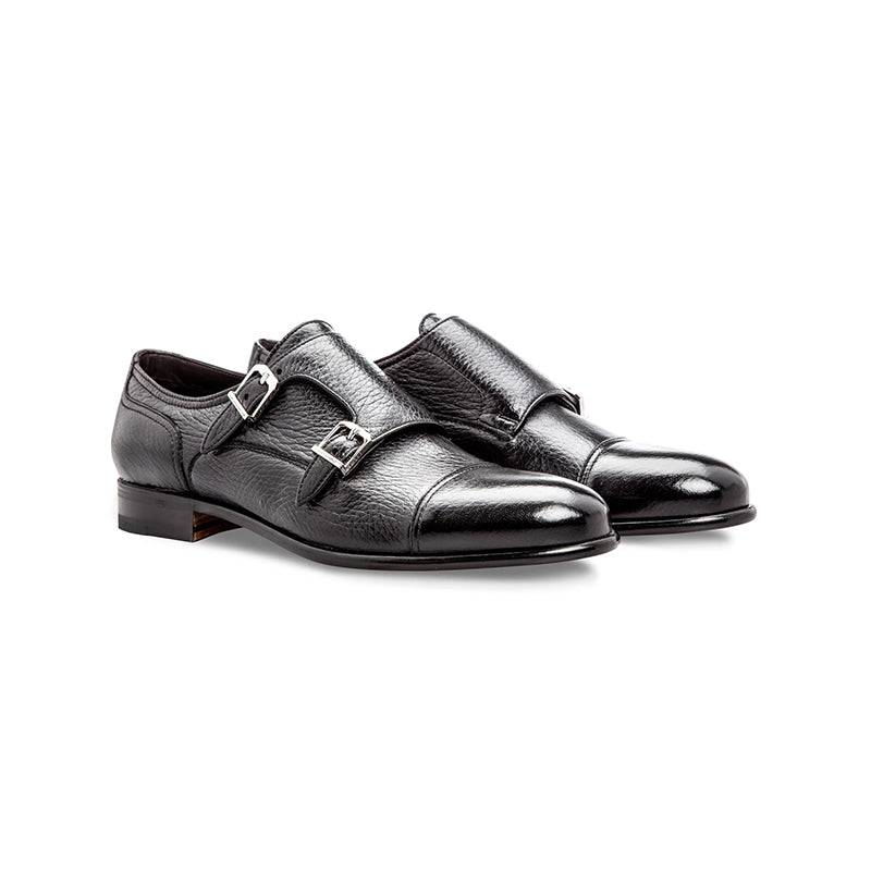 Moreschi Eze Deerskin Monk Strap Shoes Black