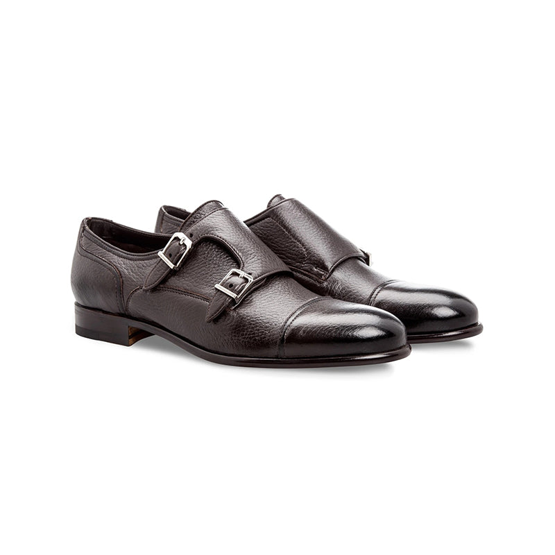 Moreschi Eze Deerskin Monk Strap Shoes Dark Brown