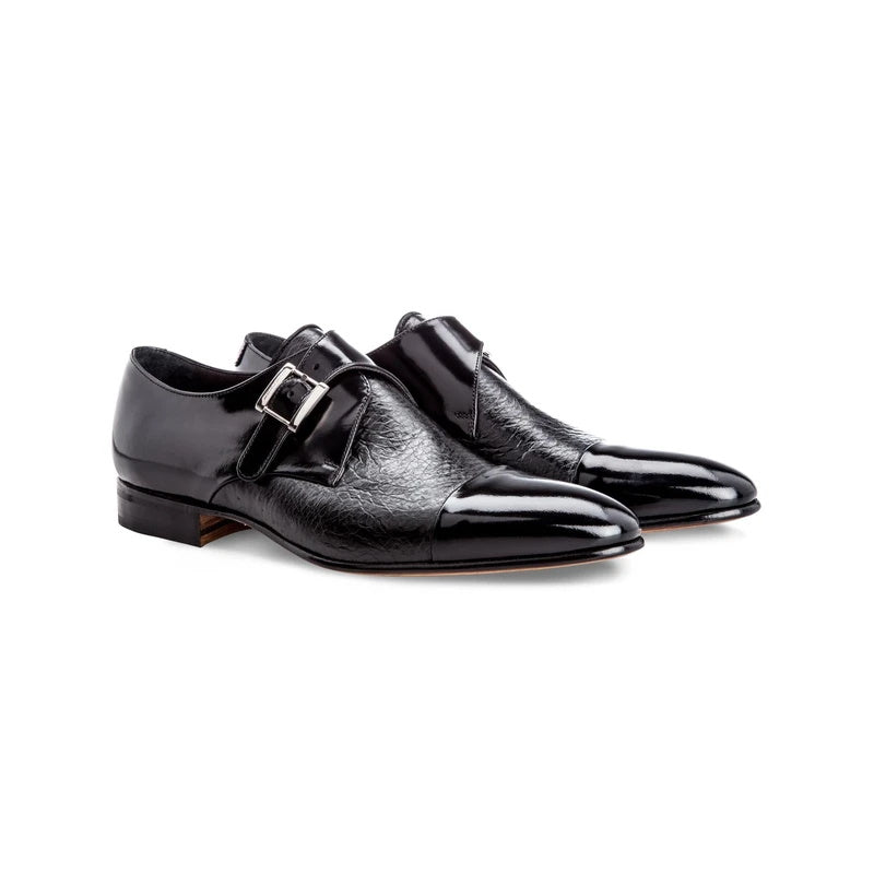 Moreschi Nancy Peccary & Calfskin Monk Strap Shoes Black
