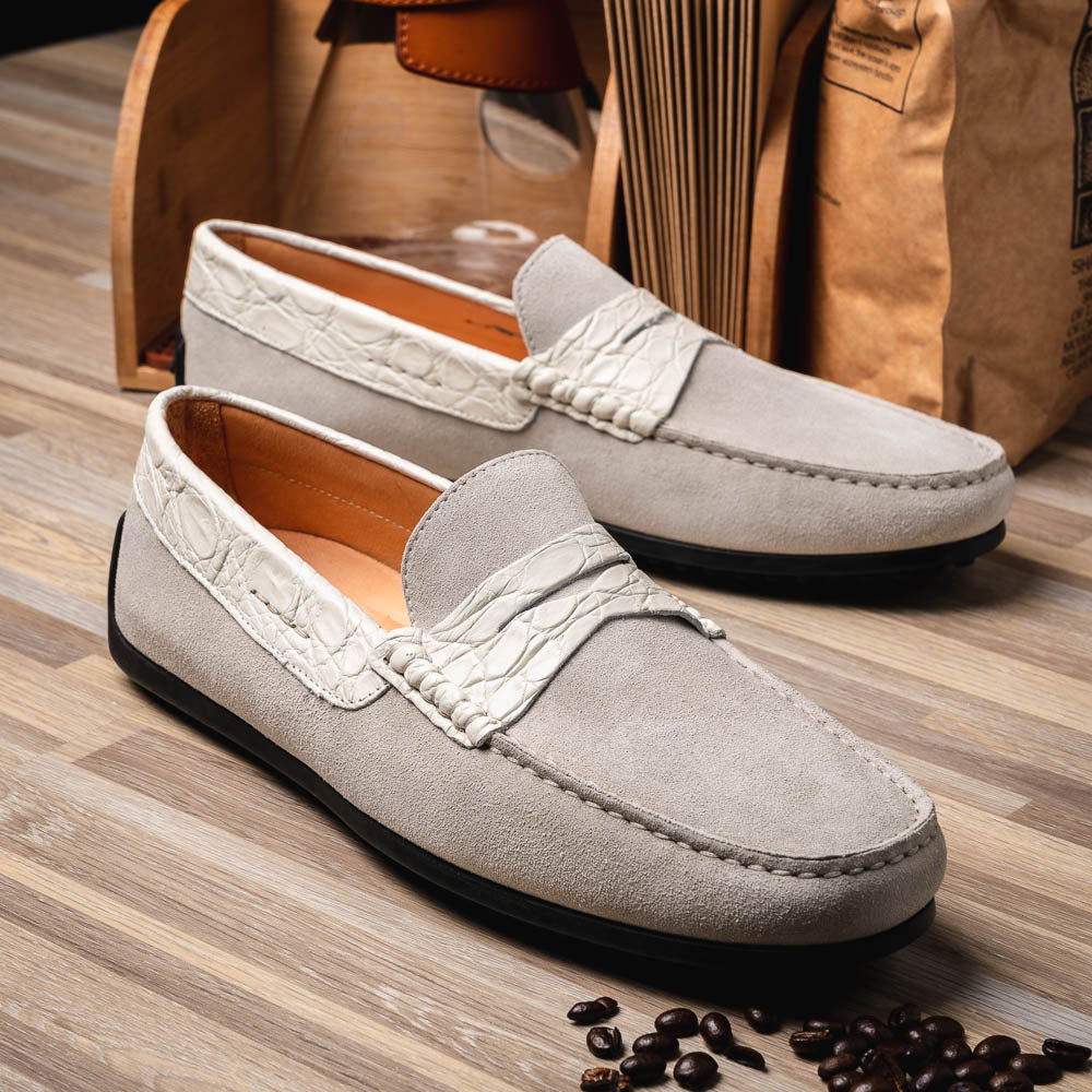 Zelli Monza Suede & Crocodile Driving Shoes White