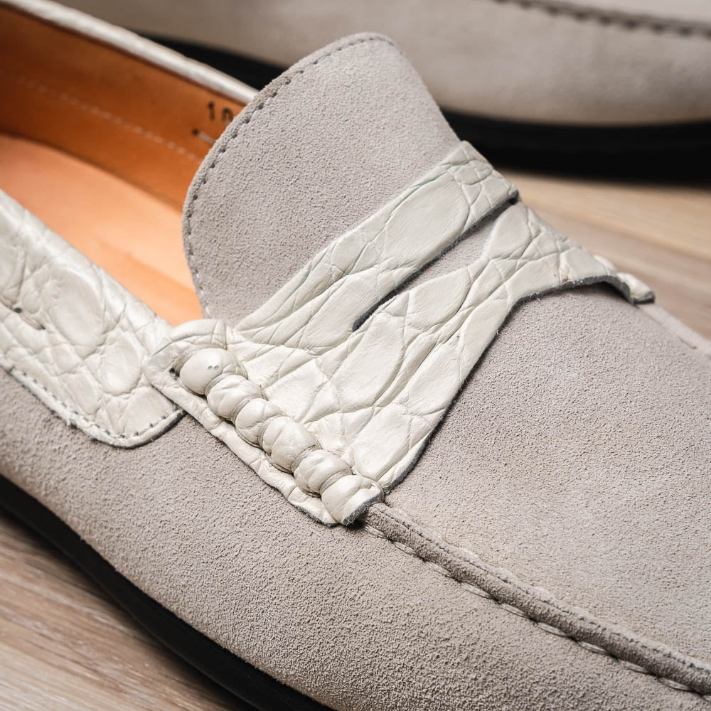 Zelli Monza Suede & Crocodile Driving Shoes White (31-160-WHT)