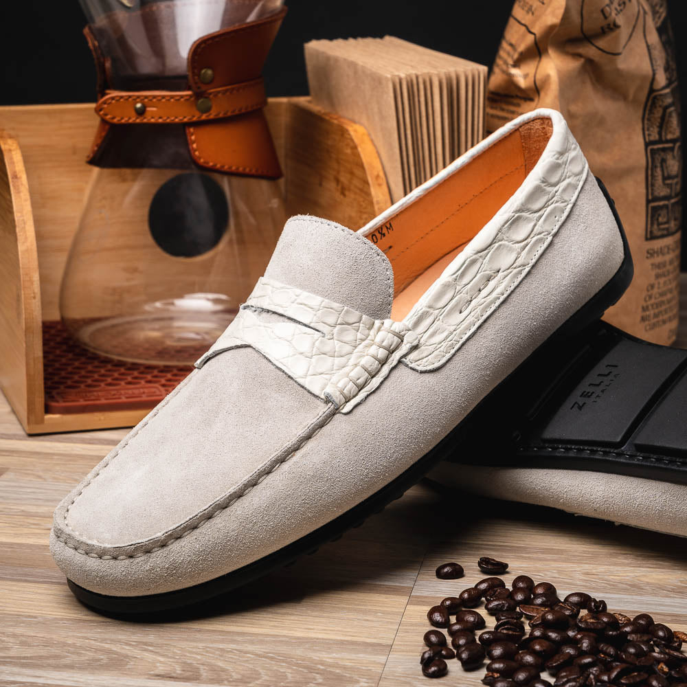 Zelli Monza Suede & Crocodile Driving Shoes White