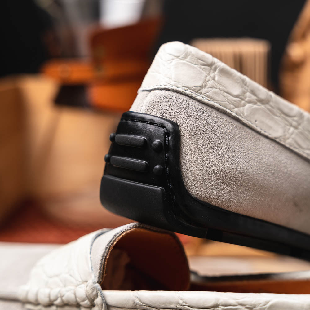 Zelli Monza Suede & Crocodile Driving Shoes White