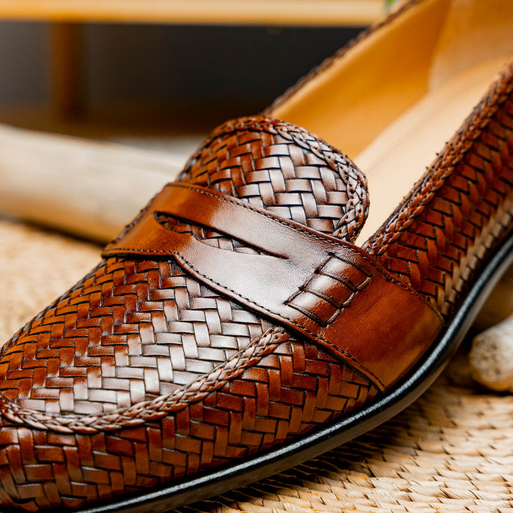 Zelli Nicola Woven Calfskin Penny Loafers Cognac