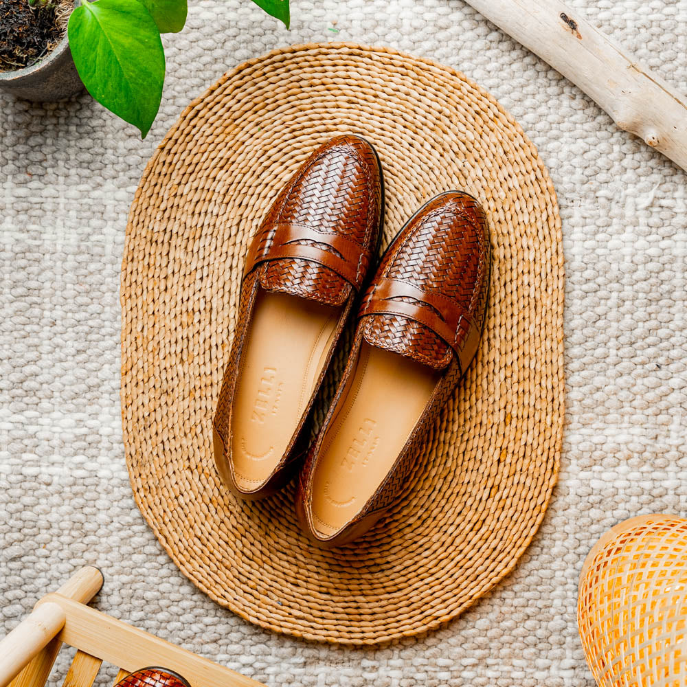 Zelli Nicola Woven Calfskin Penny Loafers Cognac