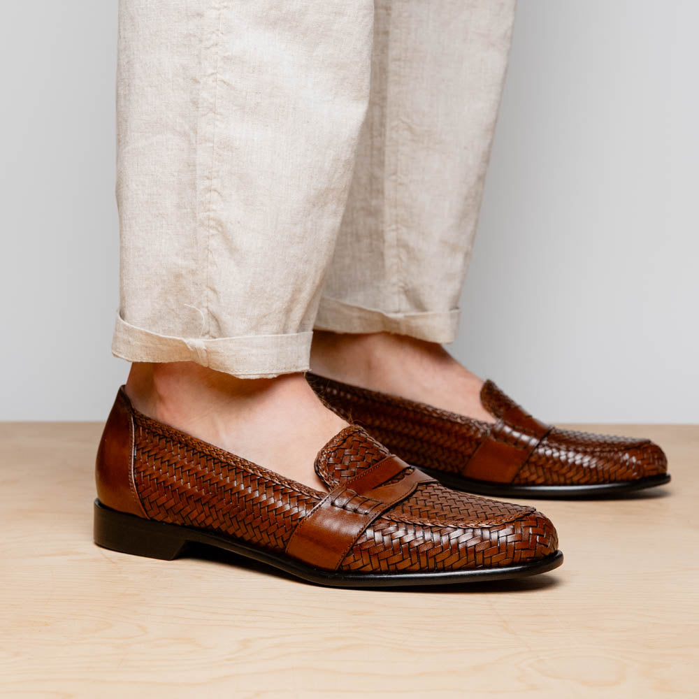 Zelli Nicola Woven Calfskin Penny Loafers Cognac