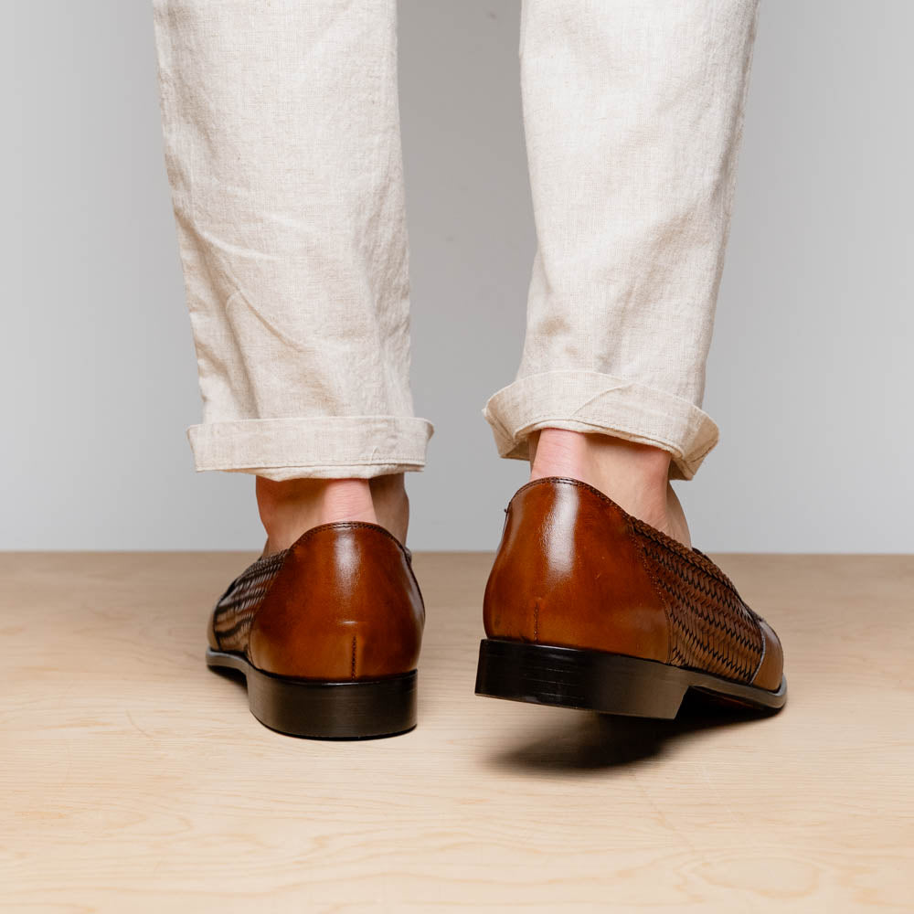 Zelli Nicola Woven Calfskin Penny Loafers Cognac