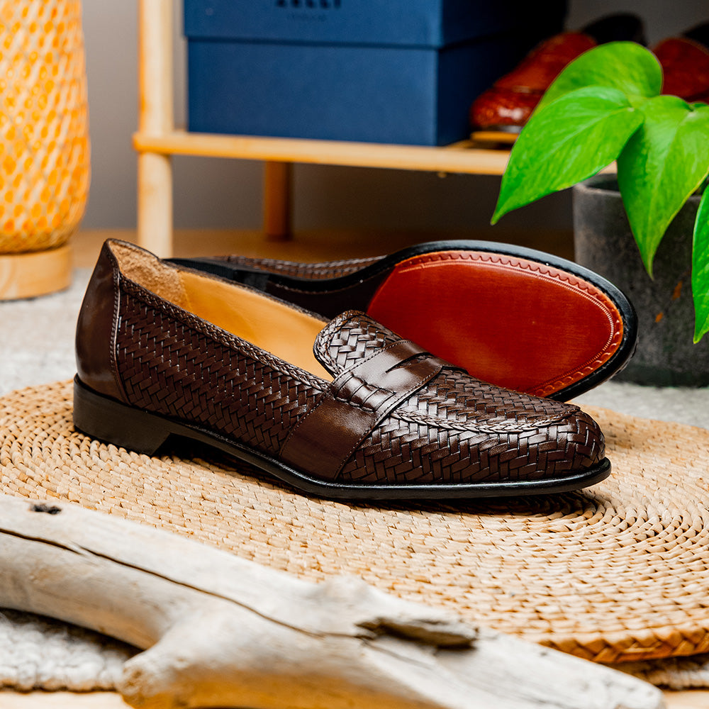 マロン Zelli Nicola Woven Loafers Dark Brown | MensDesignerShoe.com