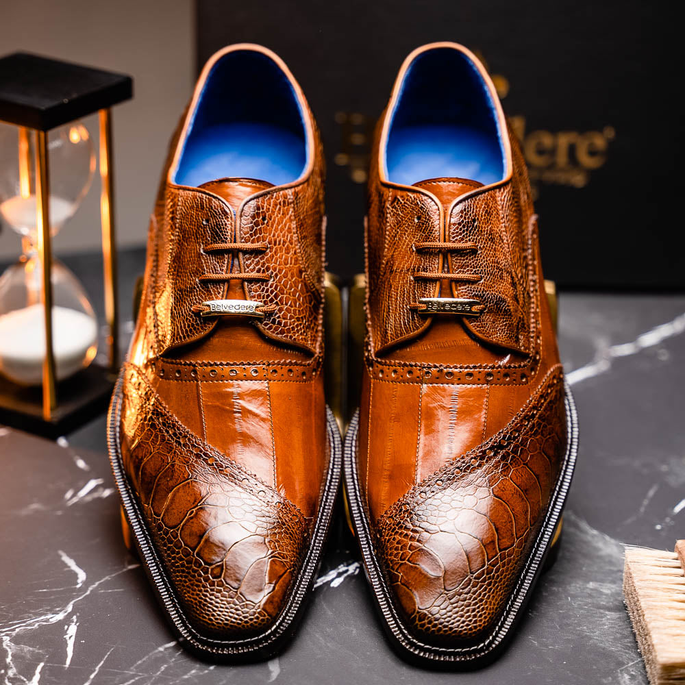 Belvedere Nino Eel & Ostrich Shoes Antique Camel (0B4)