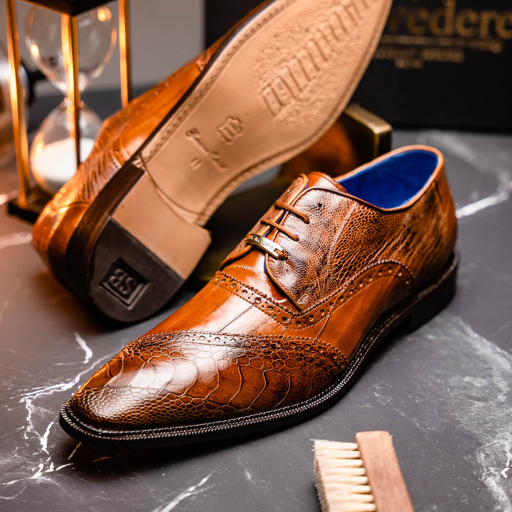 Belvedere Nino Eel & Ostrich Shoes Antique Camel (0B4)