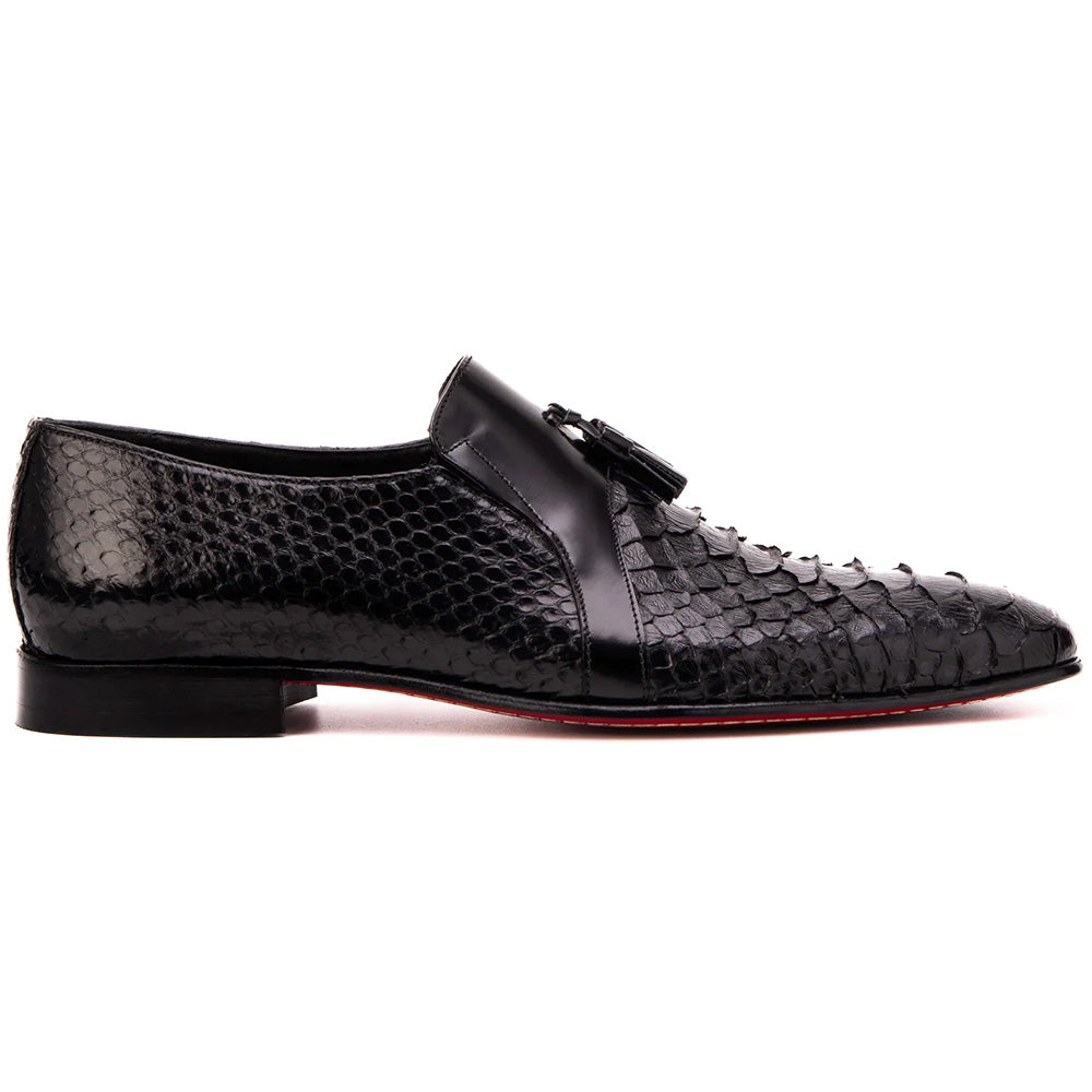 Vinci Leather The Noctis Genuine Python & Leather Tassel Loafer Black