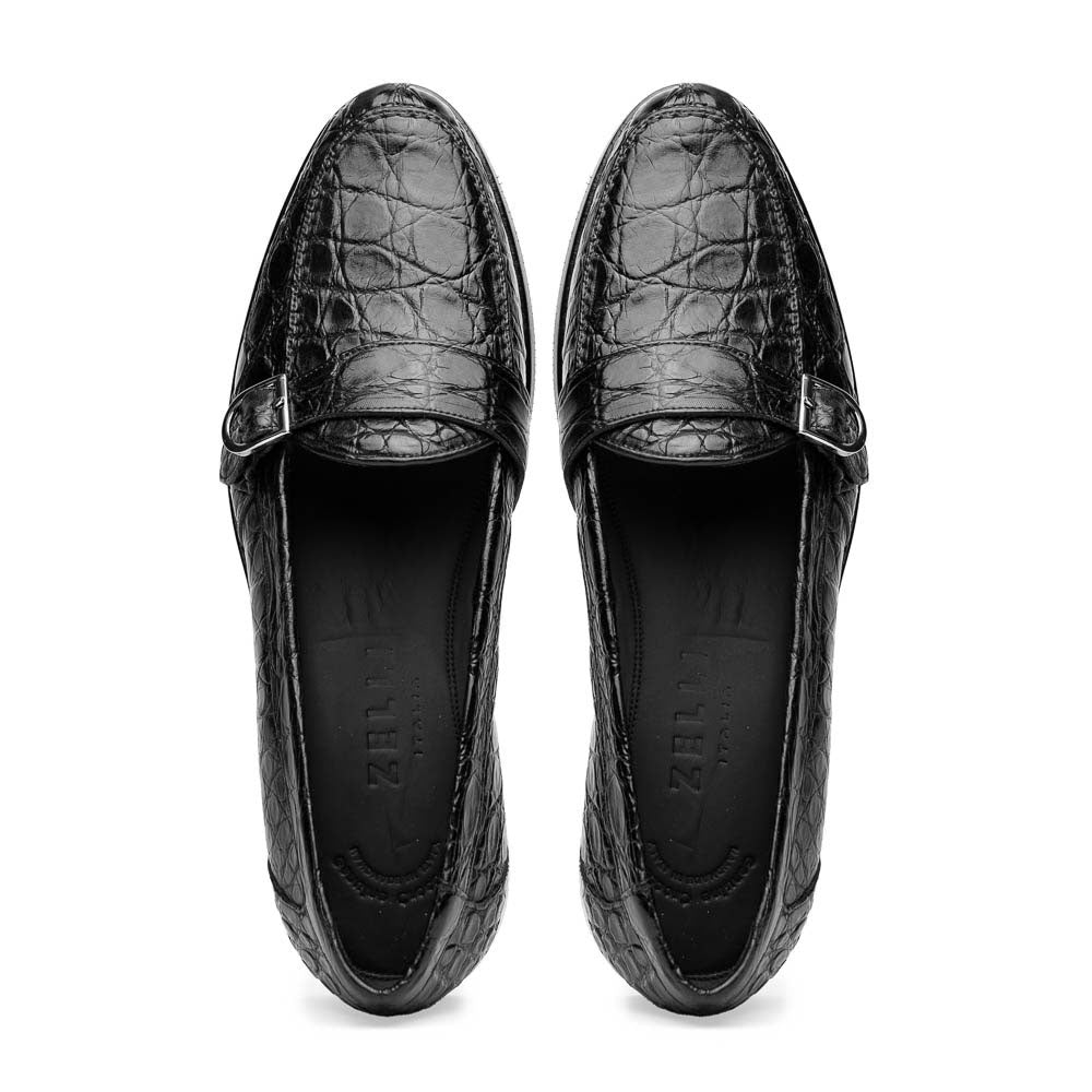Zelli Orlando Crocodile Monk Strap Shoes Black