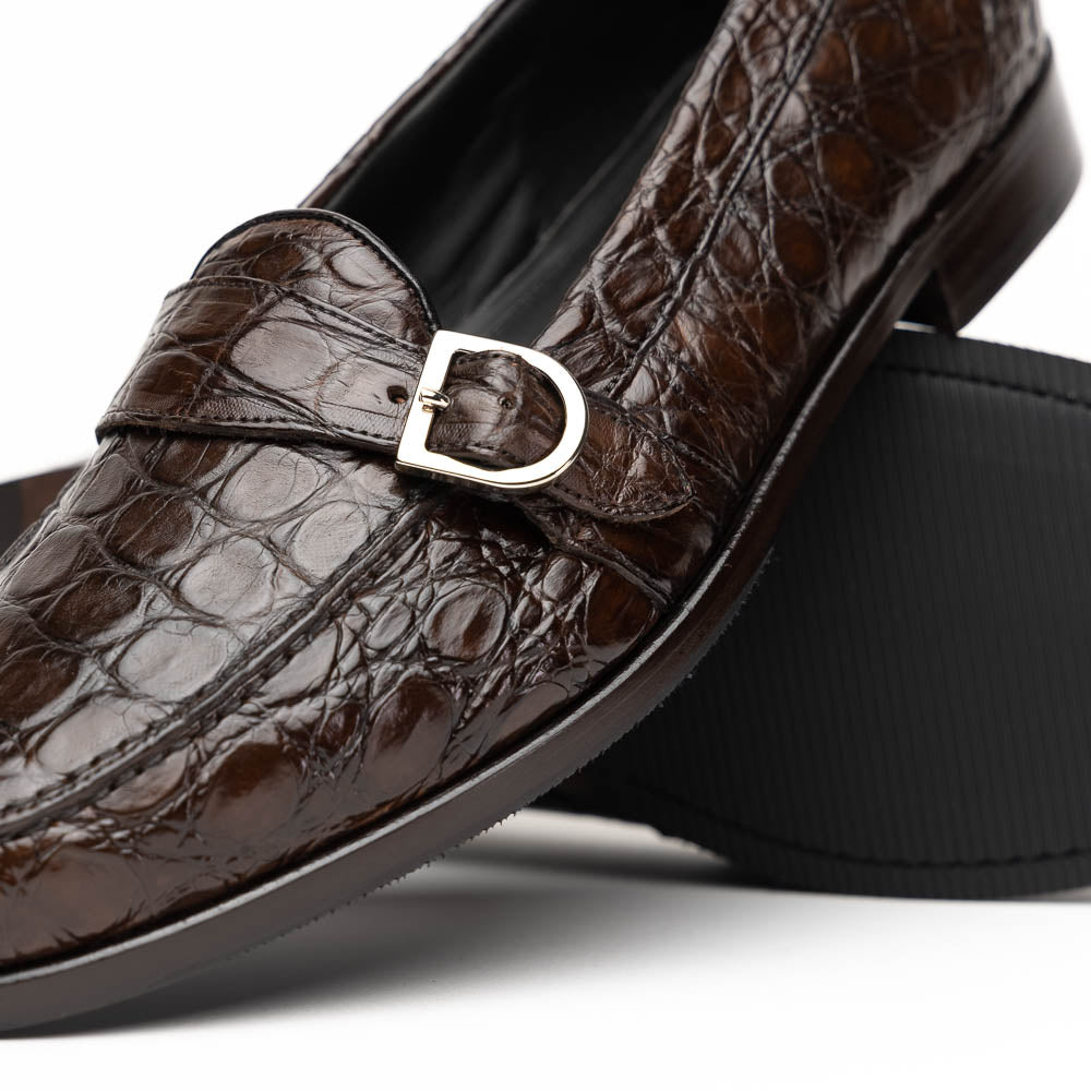 Zelli Orlando Crocodile Monk Strap Shoes Nicotine
