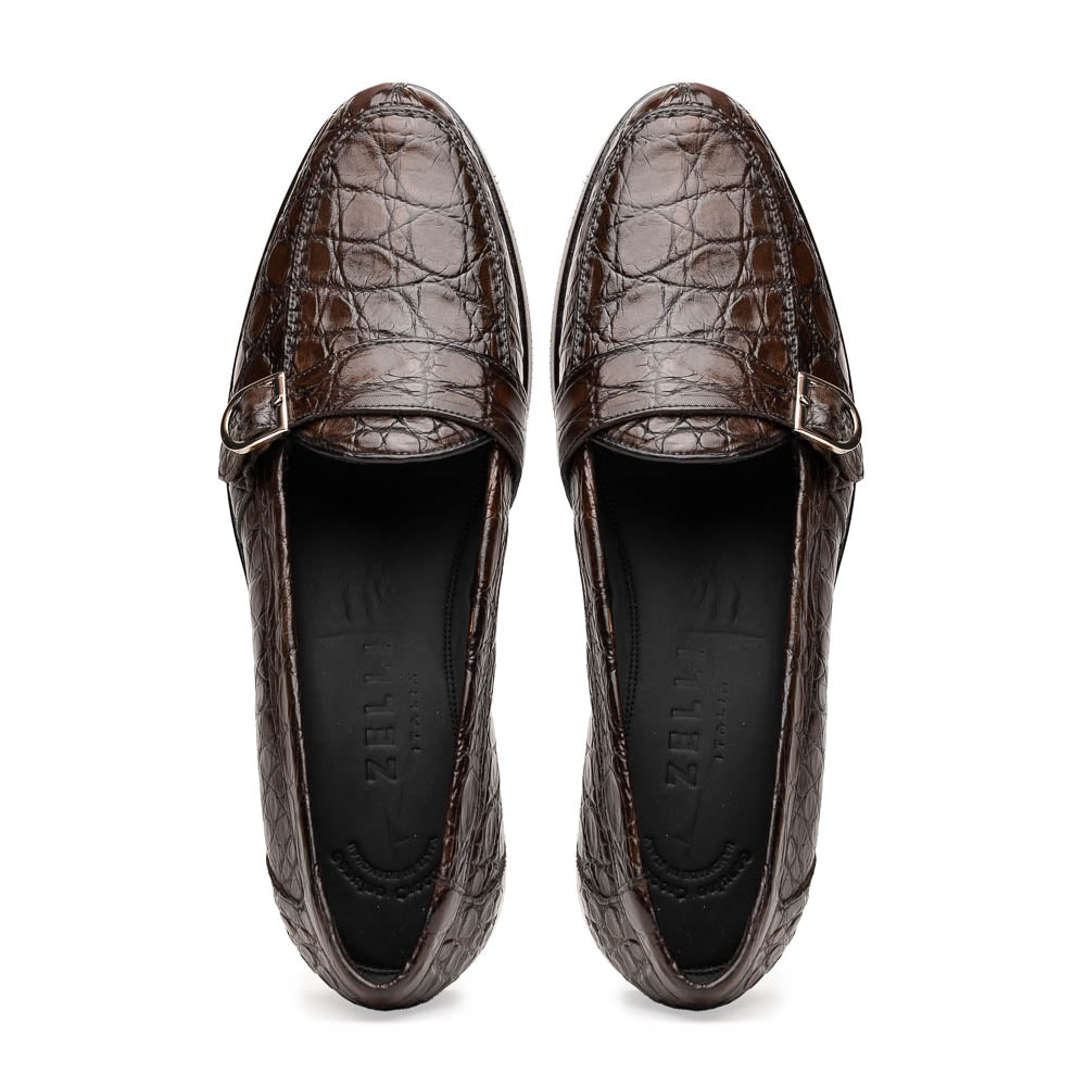 Zelli Orlando Crocodile Monk Strap Shoes Nicotine