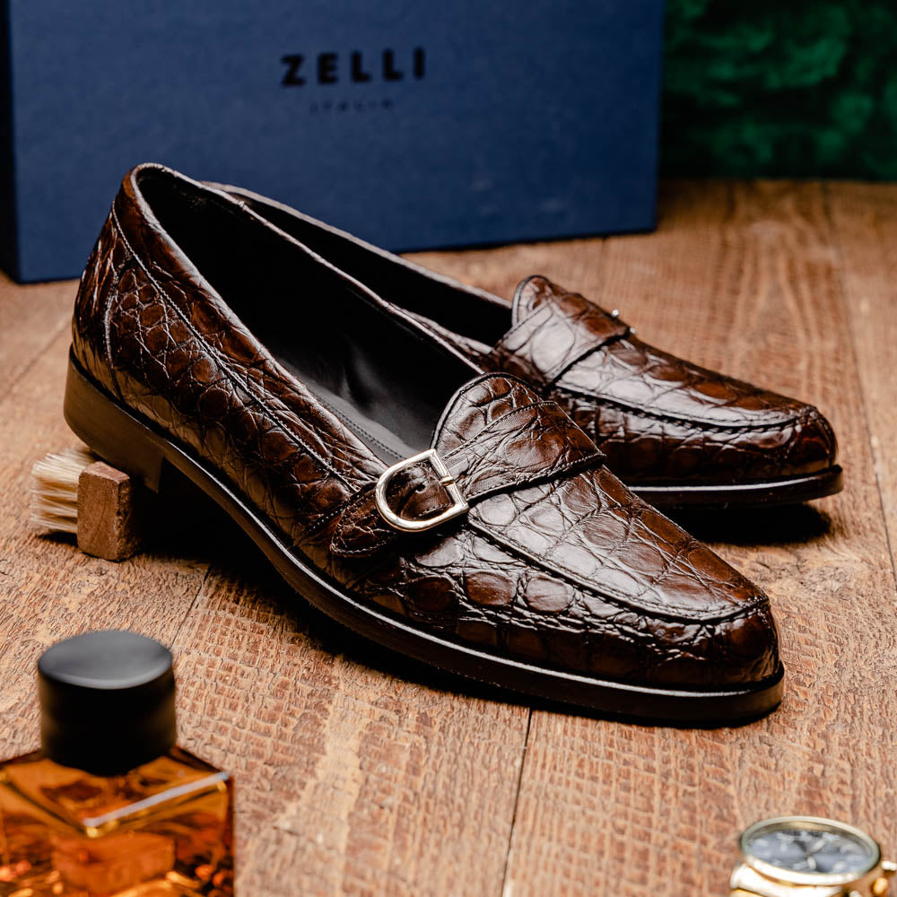 Zelli Orlando Crocodile Monk Strap Shoes Nicotine
