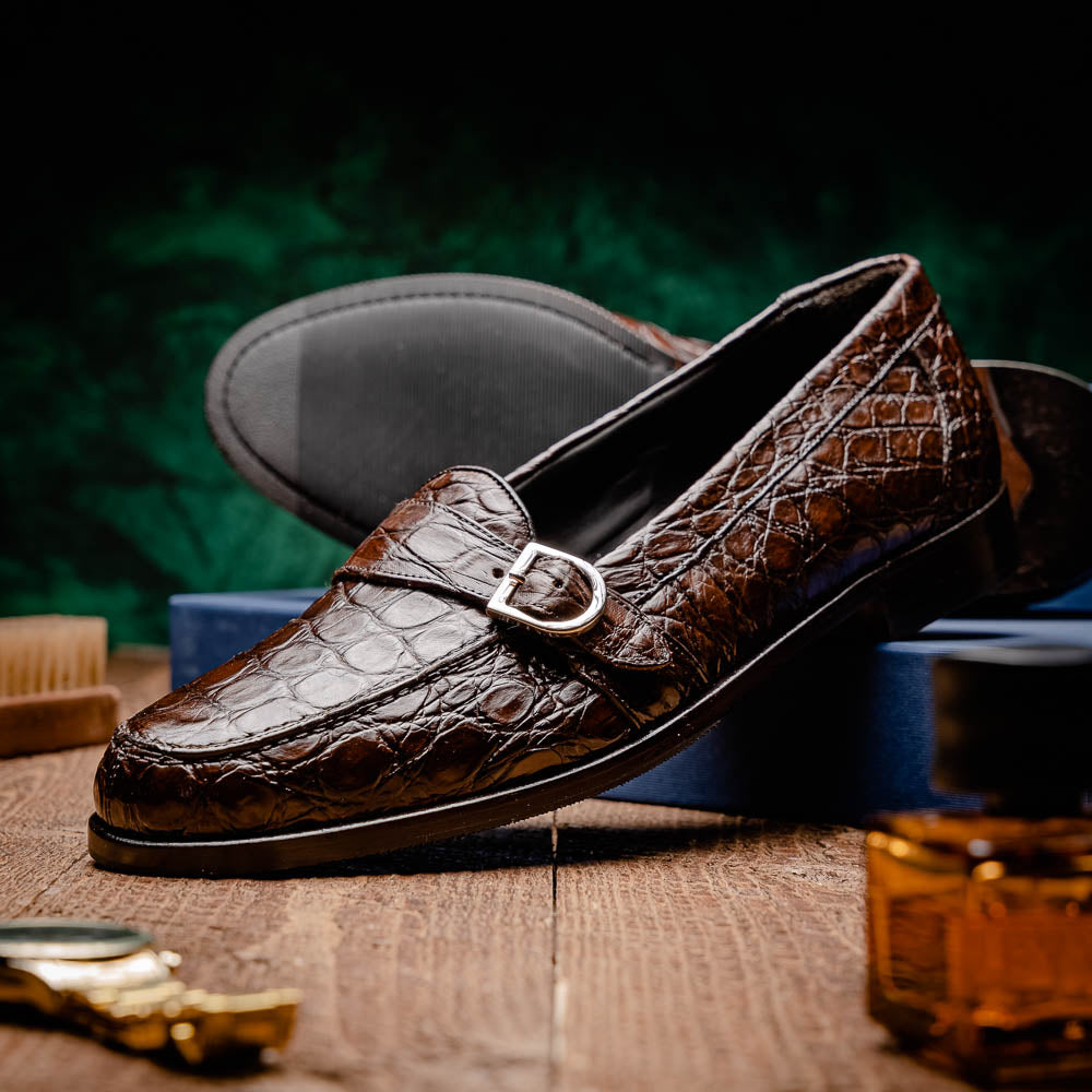 Zelli Orlando Crocodile Monk Strap Shoes Nicotine